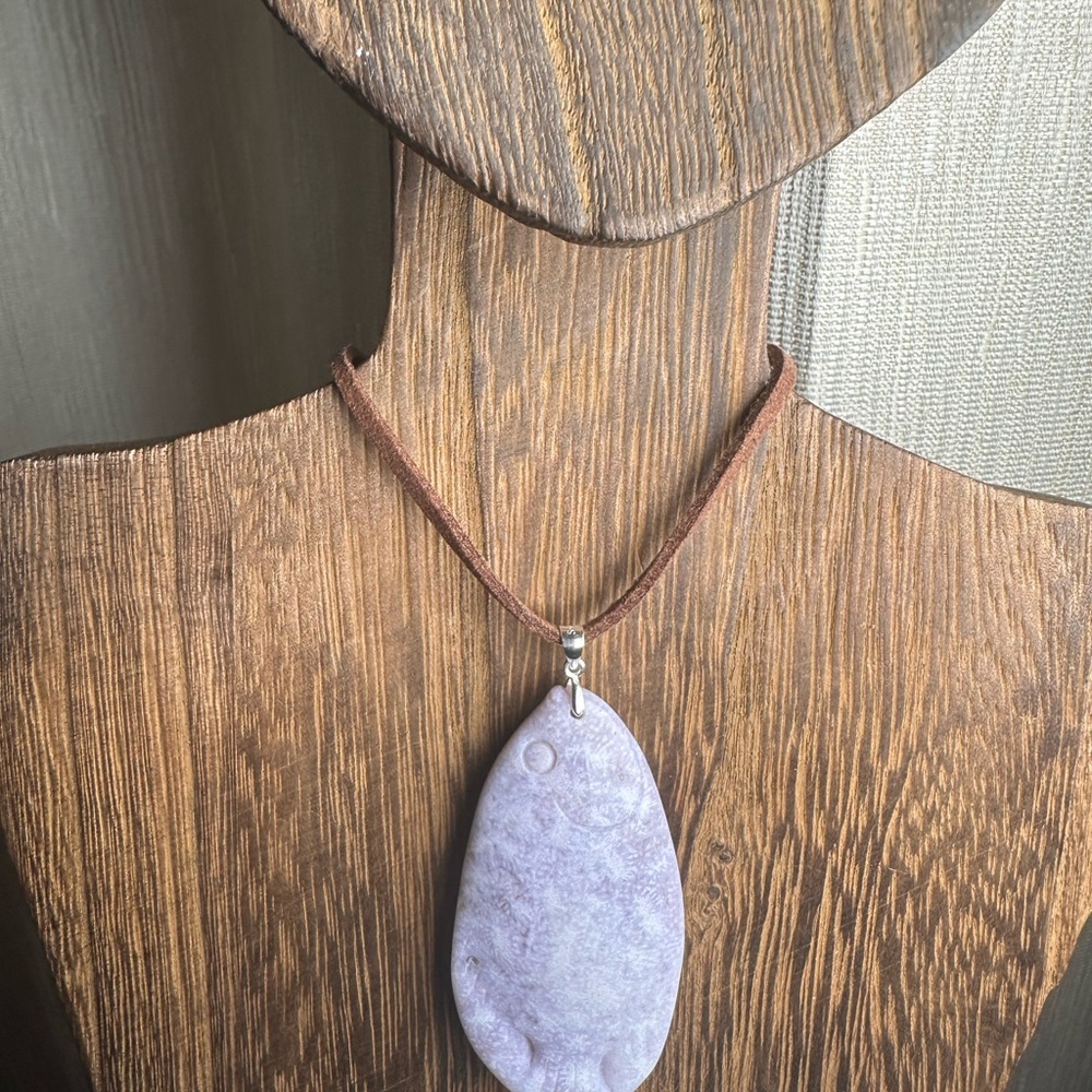 Ice Purple Coral Fossil Jade Fish Pendant Necklace on Brown Faux Suede - Picture 3 of 16